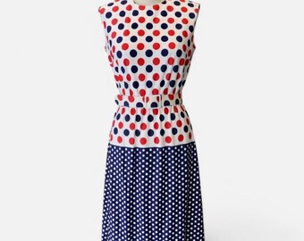 Vintage 1960s Sacony Ciella Red, White, and Blue Polka Dot Midi Dress with Matching Belt, Size Small—Mod // Pinup // Boho