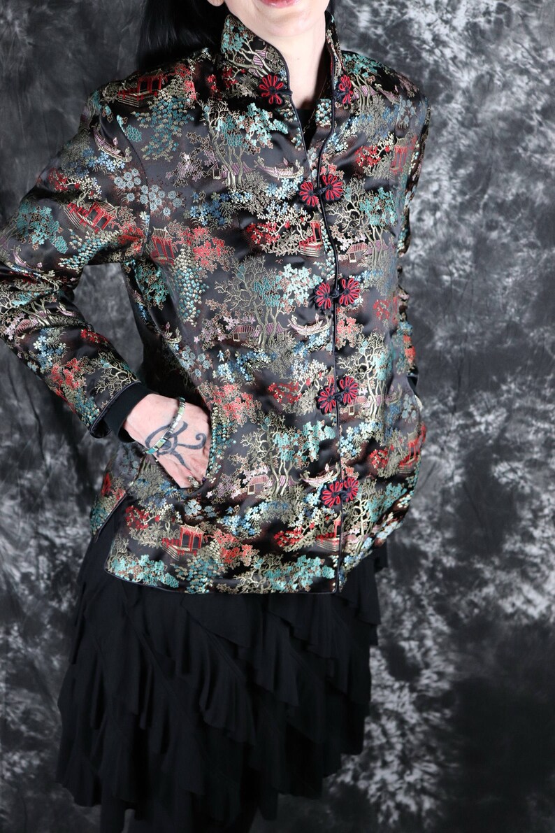 Chinoiserie Asian Boho Vintage Black Satin Brocade Floral Chinese Jacket Size Medium