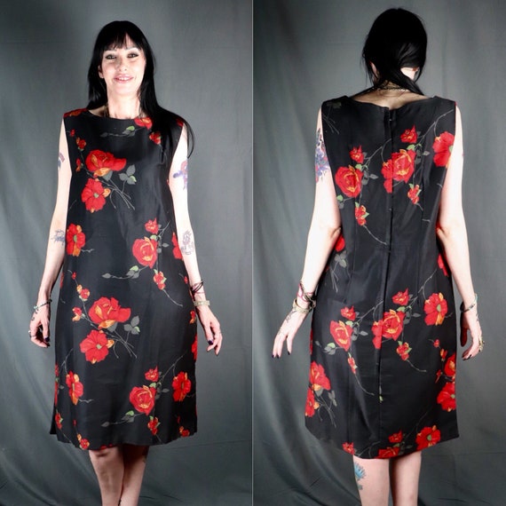 Vintage 1950s Black and Red Floral (Roses) Shift … - image 1