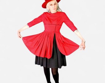 Vintage 1950s Sa’Bett of California Red & Black Polka Dot Cotton Dress with Petticoat, XS