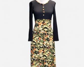 Vintage 1970s Black Midi Dress with Tropical Floral Print, Size Small -- Boho // Festival // Retro