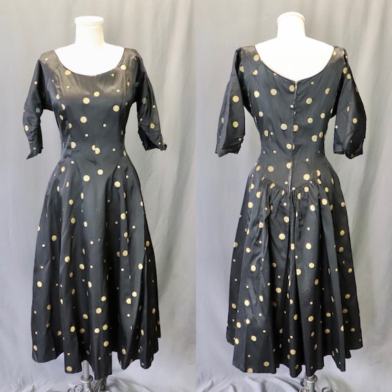 Vintage 1940s Black Rayon Fit and Flare Dress wit… - image 1