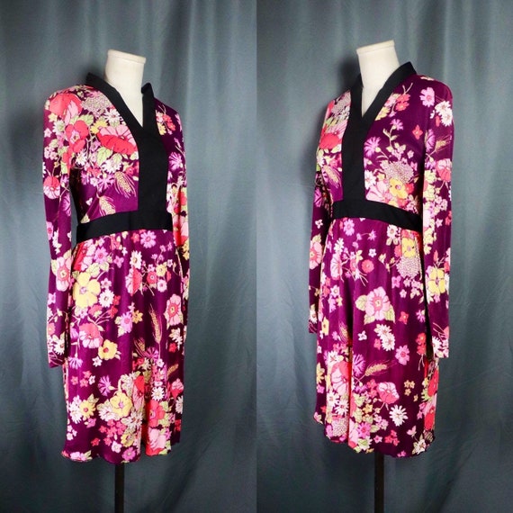 Vintage 1960s Purple Floral (Poppy) Long Sleeve M… - image 2