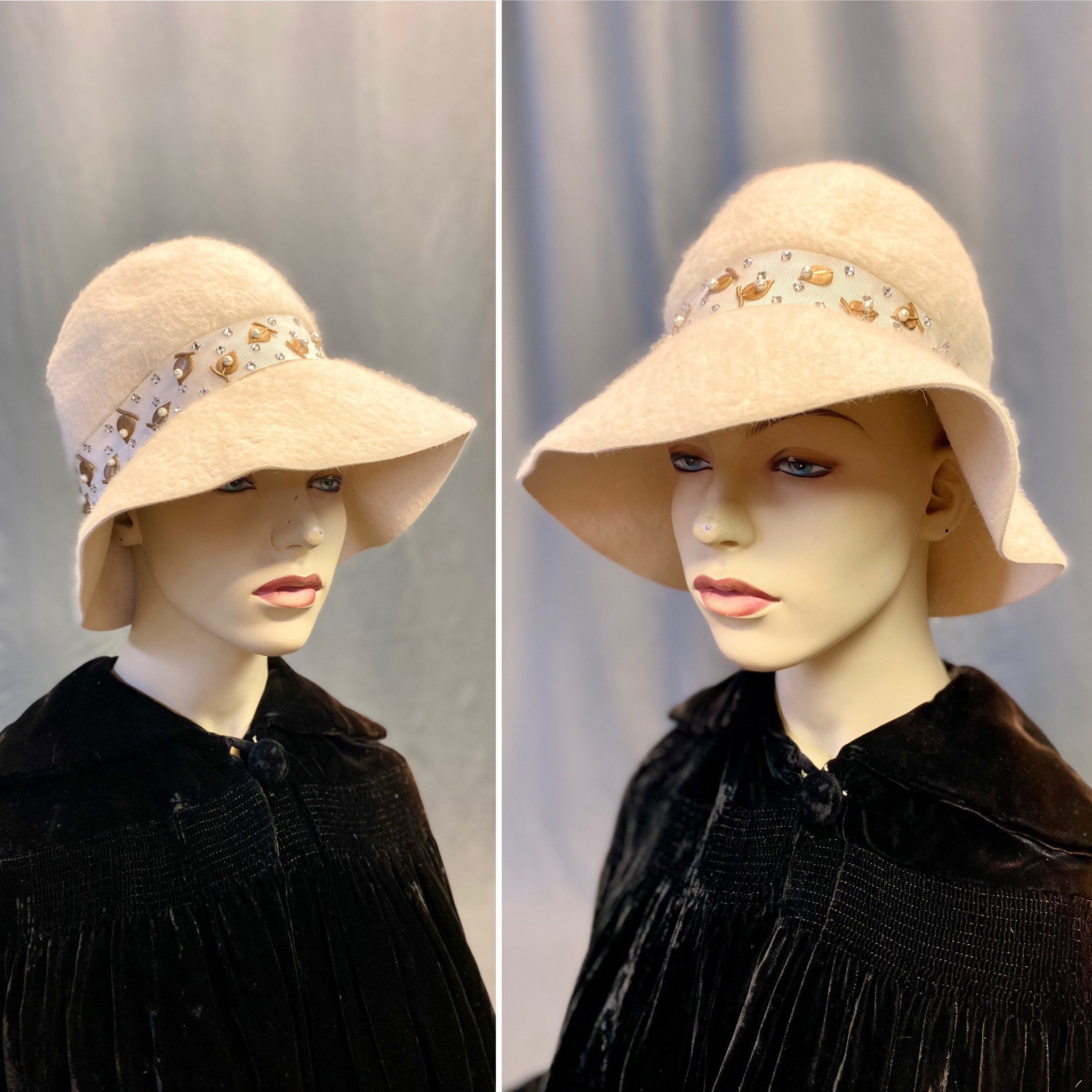70s Vintage White Fuzzy Wool Bucket Hat 