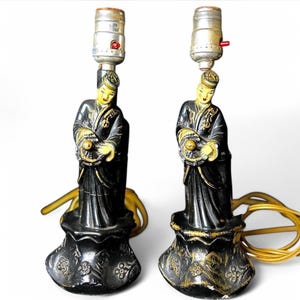 Vintage 1950s Mid-century Modern Black and Gold Pair of Chinese Ladies Chalkware Lamps—Asian // Kitsch // Retro
