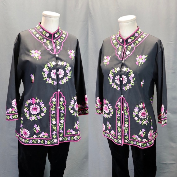 Vintage 1960s Black and Pink Embroidered Asian //… - image 2