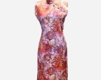 Vintage 1960s Pink and Purple Floral Chinese Cheongsam Dress, Size Medium -- Asian // Festival // Pinup