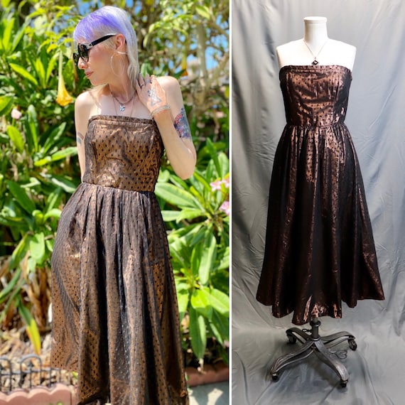 Vintage 1950s Copper and Black Polka Dot Straples… - image 1