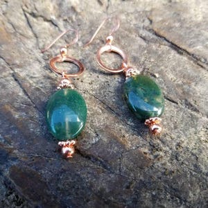 Copper and Moss Agate drop earrings, agate jewelry, nature lover gift