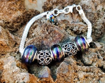 European-style beaded bracelet, Iridescent Rainbow Glass Beaded Charm Bracelet, Silver Beaded bracelet