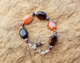 Beaded Agate Bracelet, Earth Tones Bracelet, Peach and Brown Bracelet.