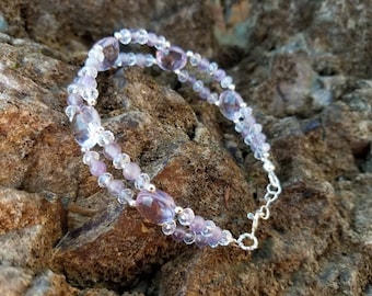 Faceted Amethyst Bracelet, Amethyst and crystal beaded bracelet, Sterling Silver Amethyst Gemstone Bracelet