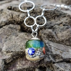 Sea Life Focal Pendant with Fossilized Coral and Sapphire Accents, Lampwork Glass, Ocean Jewelry, Scuba Necklace
