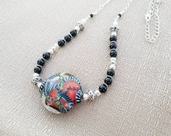 Sterling Silver, Onyx, and Lampwork Glass Beaded Necklace