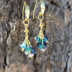 Blue Glass Flower Earrings, Flower Dangle Earrings, Crystal Drop Earrings, Gold Earrings