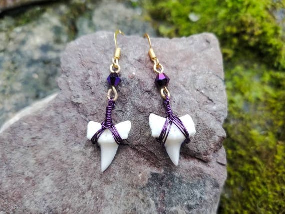 Genuine Shark Tooth Earrings with Purple Wire and Swarovski Crystal, Shark Tooth Jewelry