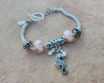 Seahorse Charm Bracelet, Euro-style Pink Beaded Charm Bracelet, Silver European-style Bracelet