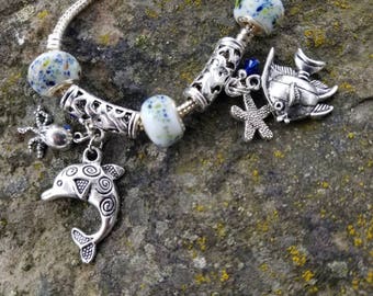 Sea Life Charm Bracelet, Octopus Charm, Fish Bracelet, Glass Beaded Euro Bracelet, Blue Bracelet, Dolphin Charm