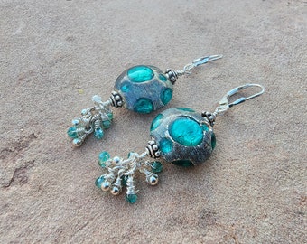 Lampwork Glass Spotted Teal and Sterling Silver Earrings