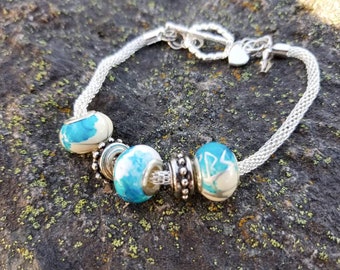 Bracelet à breloques de style euro, bracelet perlé bleu et blanc, cadeau amoureux de la nature, charme de cœur, bracelet en argent