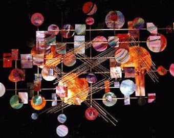 May include: Abstract wall art sculpture with a geometric design featuring circles, squares, and other shapes in various colors, including red, orange, yellow, green, blue, and purple.