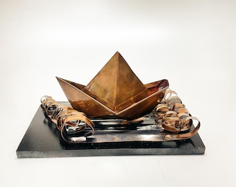 Copper Origami Boat Tabletop Sculpture
