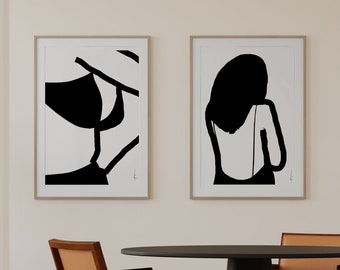 Line Drawing Woman Printable Art, Set of 2 Prints, Minimalist Wall Art, Female Silhouette Gallery Wall Set