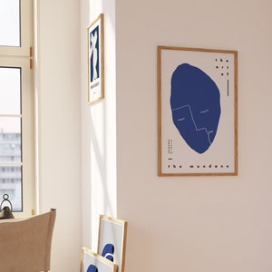 ABSTRACT FACE POSTER, Blue Minimalist Wall Decor, Scandinavian Art, Cobalt Blue White Art Print, Line Portrait Art, The Art Of The Mundane