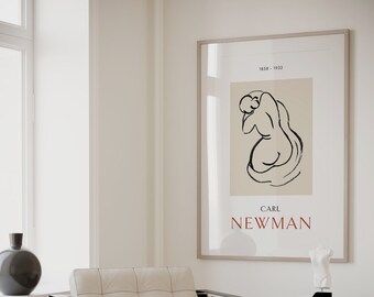 Woman Nude Line Drawing Printable Art, Female Silhouette Print, Minimalist Poster, Beige Wall Art