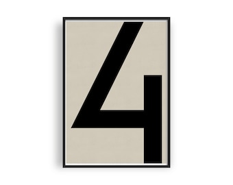 NUMBER 4 Printable Sign, Modern Typography Art Print, Minimalist Poster, Beige and Black Scandinavian Art Print, Large Wall Art, Graphic Art