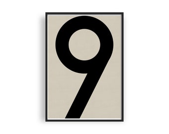 NUMBER 9 Printable Sign, Modern Typography Art Print, Minimalist Poster, Beige and Black Scandinavian Art Print, Large Wall Art, Graphic Art