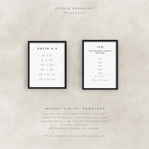 Op de afbeelding: Een zwart-wit afbeelding met twee frames. Het linker frame toont de tekst "RATIO 4:5" met een lijst van verschillende maten in inches en centimeters. Het rechter frame toont de tekst "ISO INTERNATIONAL PAPER" met een lijst van papierformaten in inches en centimeters.