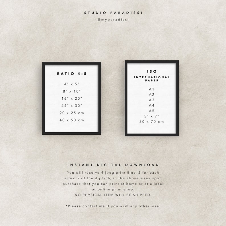 Op de afbeelding: Een zwart-wit afbeelding met twee frames. Het linker frame toont de tekst "RATIO 4:5" met een lijst van verschillende maten in inches en centimeters. Het rechter frame toont de tekst "ISO INTERNATIONAL PAPER" met een lijst van papierformaten in inches en centimeters.