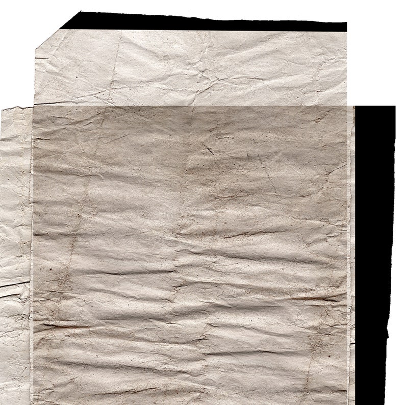 May include: A close-up of a crumpled, textured, off-white paper surface with a black border at the top and right side.