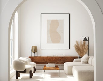 May include: A living room with a white couch, two white armchairs, a wooden coffee table, a wooden console table, a framed abstract art print, a floor lamp, and a potted plant.