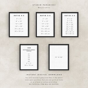 May include: A digital download of printable art prints in various sizes and aspect ratios, including 4:5, 3:4, and 2:3. The image also shows the standard ISO paper sizes, including A1, A2, A3, A4, A5, and 5" x 7".