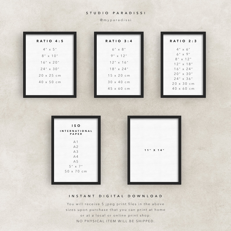 May include: A digital download of printable art prints in various sizes and aspect ratios, including 4:5, 3:4, and 2:3. The image also shows the standard ISO paper sizes, including A1, A2, A3, A4, A5, and 5" x 7".