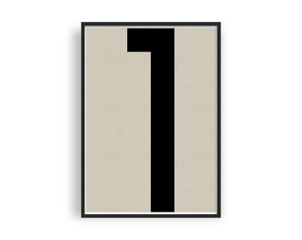 NUMBER 1 Printable Sign, Modern Typography Art Print, Minimalist Poster, Beige and Black Scandinavian Art Print, Large Wall Art, Graphic Art