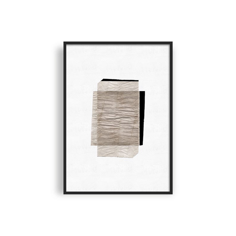 May include: Abstract art print featuring a black and beige geometric design. The design is made up of overlapping rectangles and squares, creating a sense of depth and dimension.