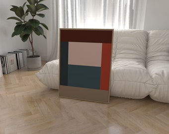 May include: Abstract geometric art print with a brown, beige, red, pink, and blue color scheme. The print is framed in a light brown wood frame.