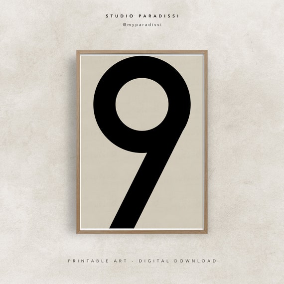 Number 9 Art Print: Beige and Black Scandinavian Poster (digital