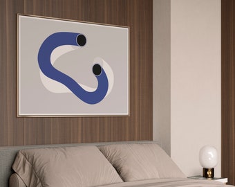 May include: A bedroom interior with a bed featuring a beige duvet and two pillows. A framed abstract painting with a blue and white design hangs on the wall above the bed. A small table with a lamp sits on the right side of the bed.