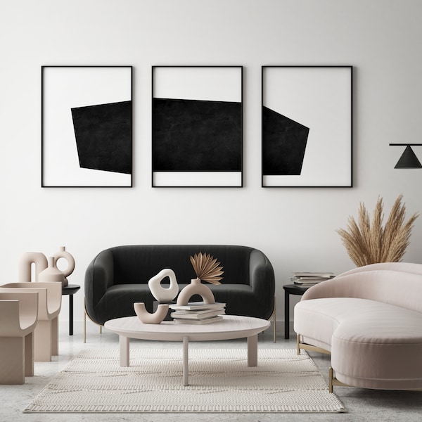 Art imprimable de triptyque blanc noir, ensemble de mur de galerie minimaliste de 3, décor de mur monochrome moderne, ensemble d'affiche scandinave Téléchargement instantané