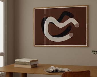 May include: A framed abstract art print with a brown background and white and black curved lines. The print features three circles in shades of pink and brown.