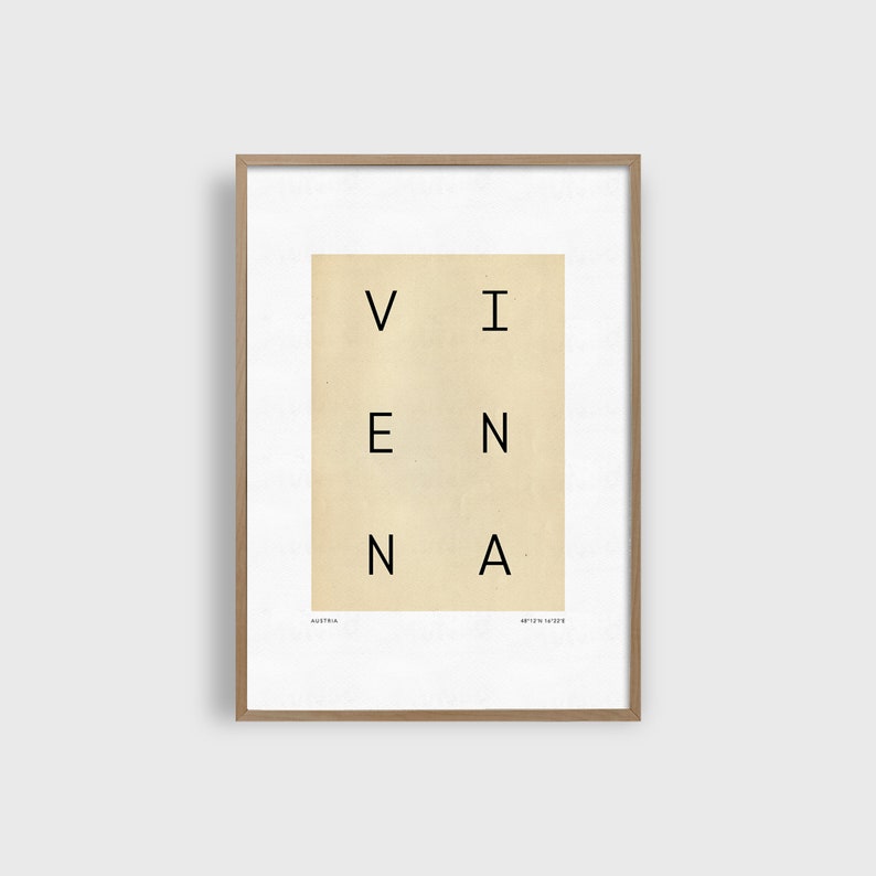 May include: A framed print with the word "VIENNA" spelled out in a grid pattern on a beige background. The text "AUSTRIA" appears at the bottom left and "ART PRINT 14x18" appears at the bottom right.