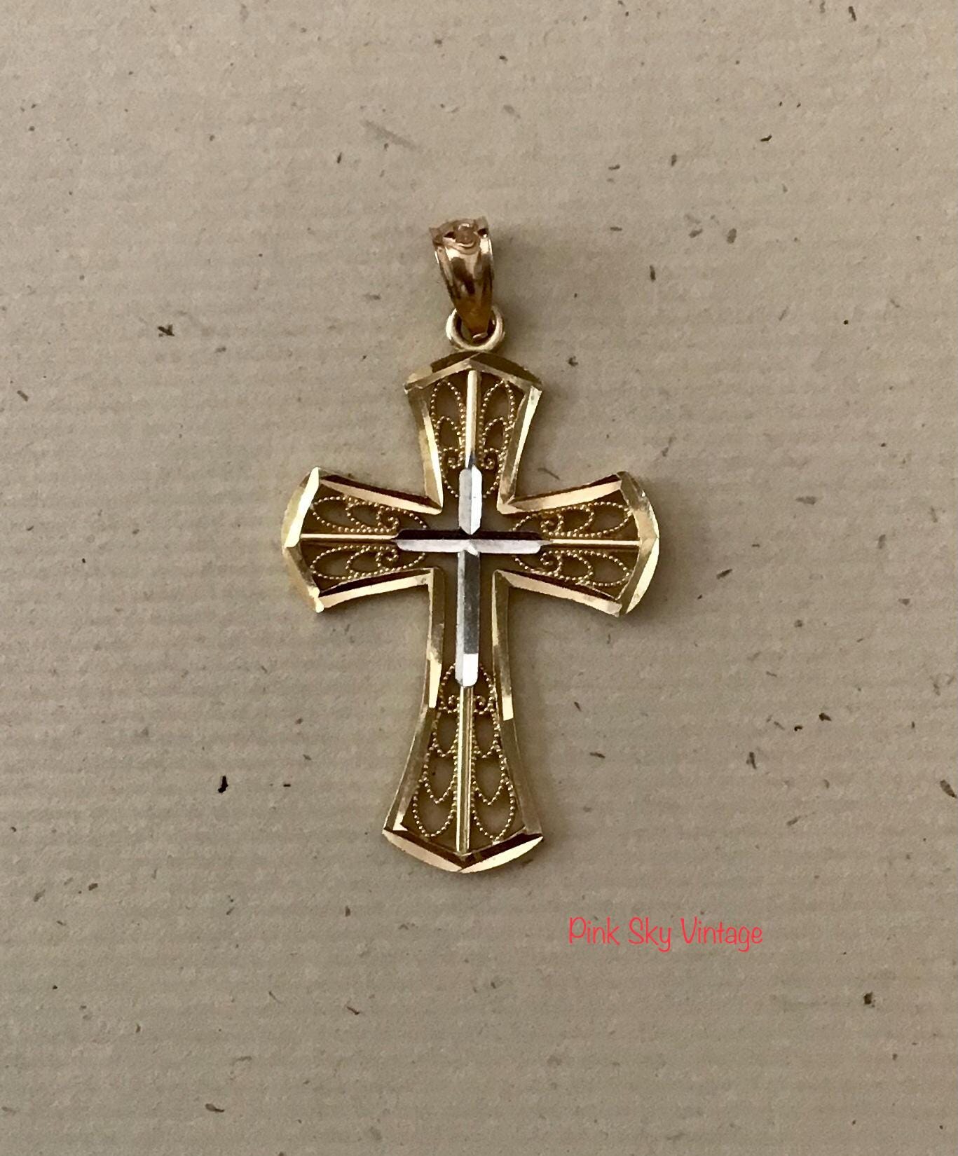 14K Yellow Gold Filigree Cross Pendant with Beveled Silver Inlay plus Reversible Polished Gold Cross