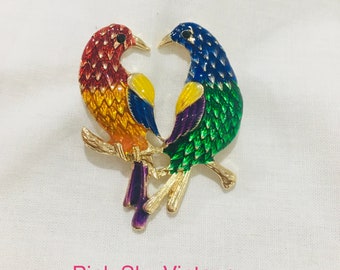 Vintage Enamel Goldtone Love Birds Pin Brooch/Brilliant Multicolored Two Birds on Branch Pin/Unsigned