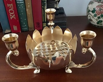 Gold Plated Lotus Flower Frog and Candle Holder/Made in Hong Kong Midcentury Table Decor