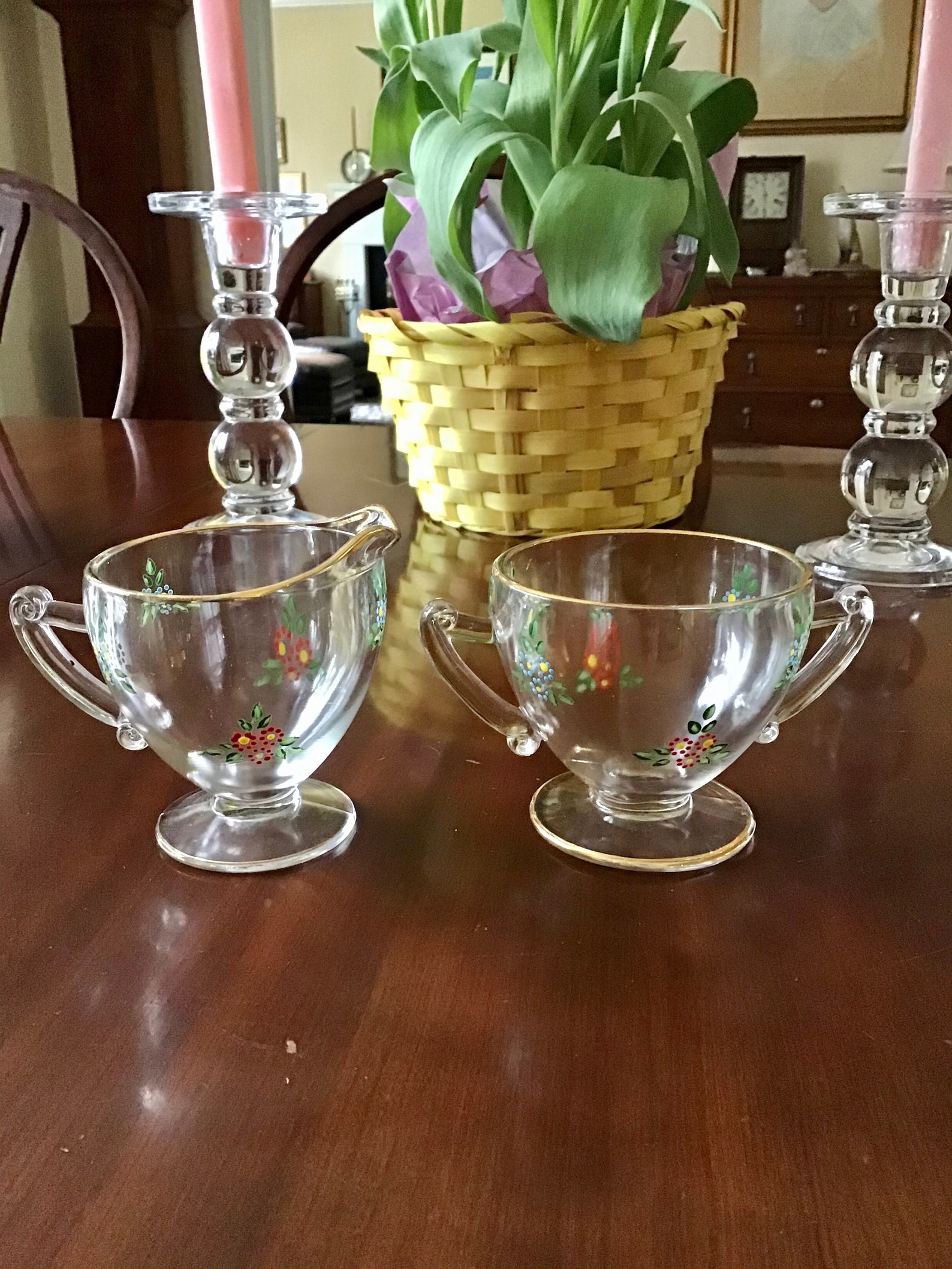 Vintage Sugar and Creamer Set Clear Glass With Handpainted Etsy