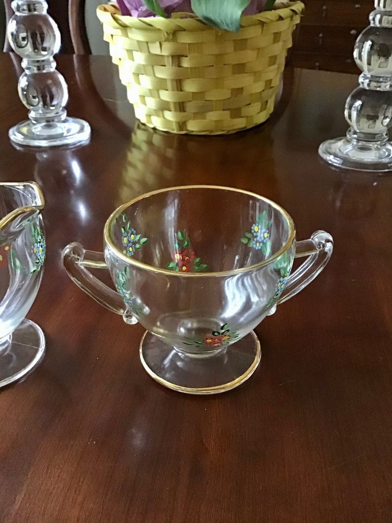 Vintage Sugar and Creamer Set Clear Glass With Handpainted Etsy